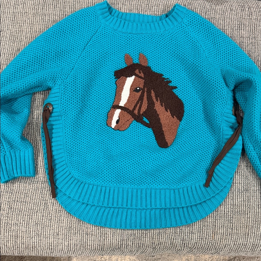 NWOT Cotton Rye Kids Blue Knit Horse Western Ribbed Waist and Wrist Sweater